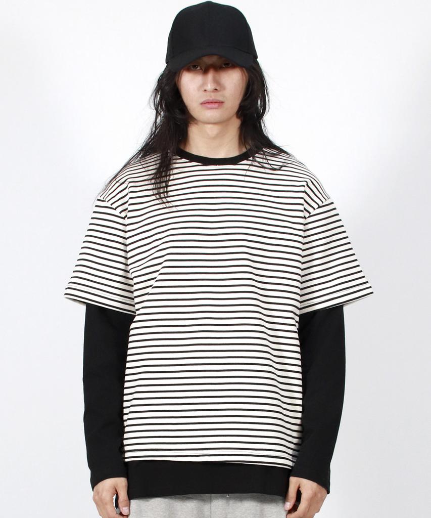 Deumakeu M Layered Sleeve Boxy Fit Crew Neck T-Shirt Stripe-Ivory