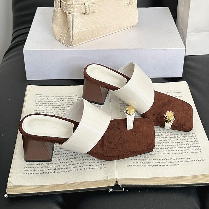 

Модная женская обувь слипоны Женские туфли-лодочки на квадратном каблуке Шлепанцы Модная металлическая женская обувь на каблуке Туфли-лодочки Босоножки Новинка 2025 35 бежевый