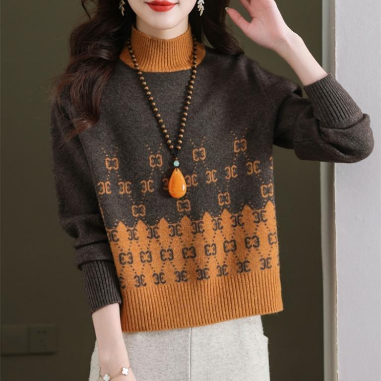 Short Sweater Women's Autumn and Winter Half Turtleneck Knitted Sweater Loose and Casual Long-sleeved Pullover