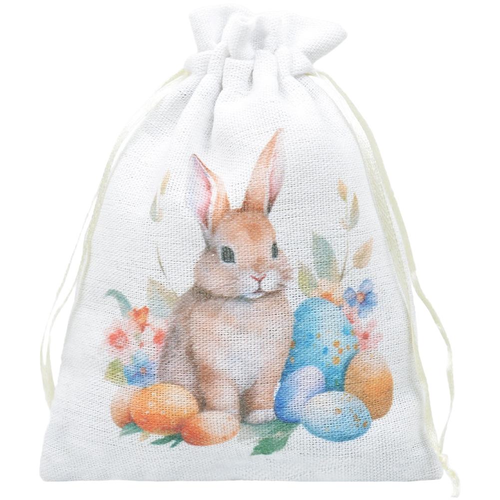 Bunny Egg Pouch Easter Cotton Bag White Drawstring Closure Soft Cotton Fabric Multi-purpose Use For Easter Treats