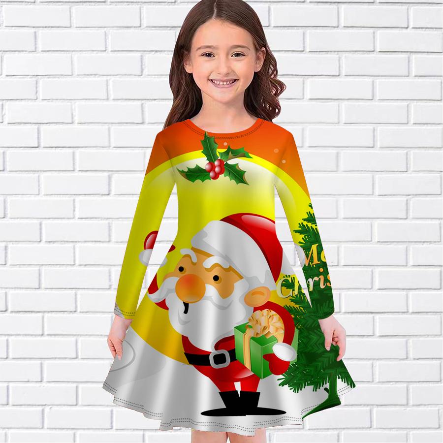 Girl Casual Christmas Gifts Print Round Neck Long Sleeve Dress Kid Princess Dress