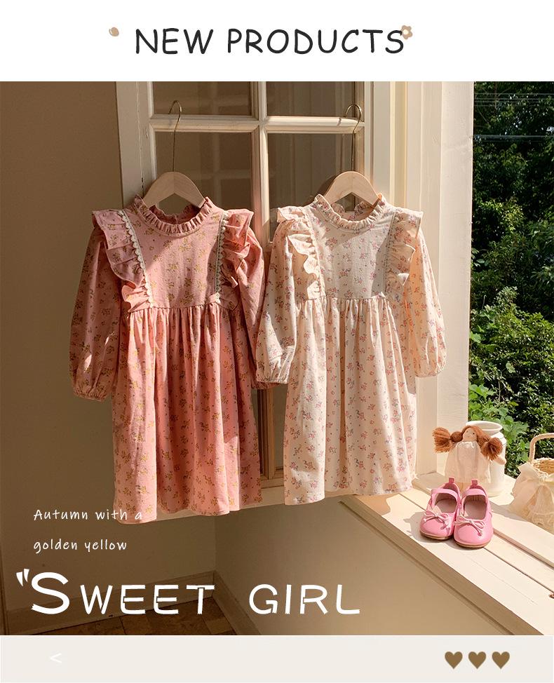 Spring 2026 Korean Style Children's Floral Dress with Stand Collar and Ruffle Lace - Long Sleeve Princess Skirt