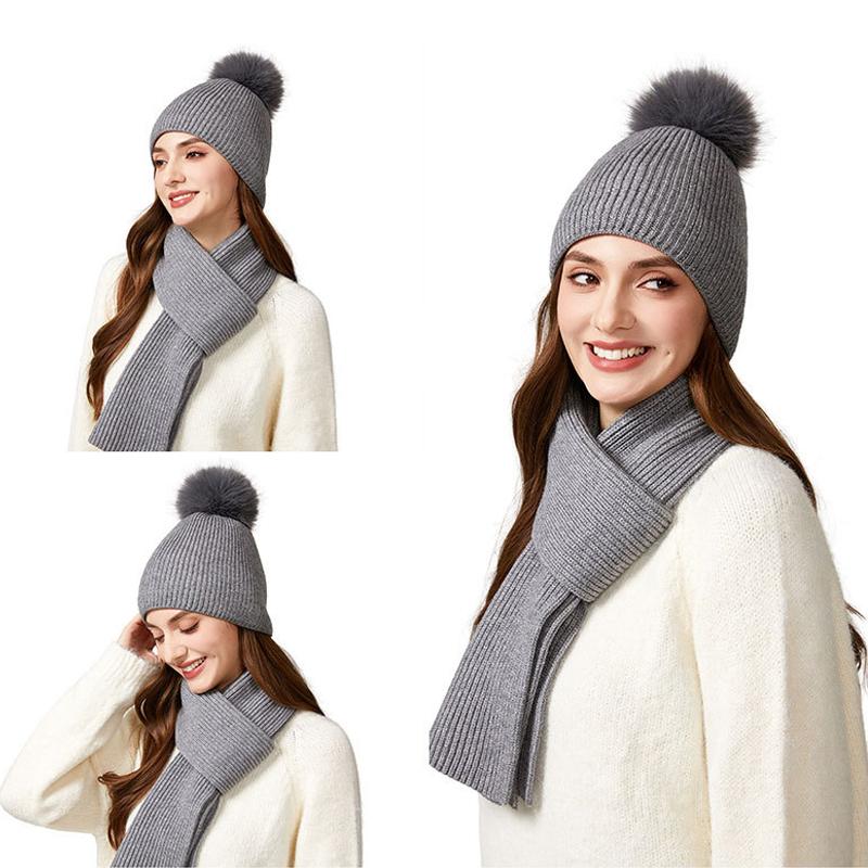 Autumn Winter Wool Cap Scarf Two-Piece Set with Ball Cap Women Knitted Cap