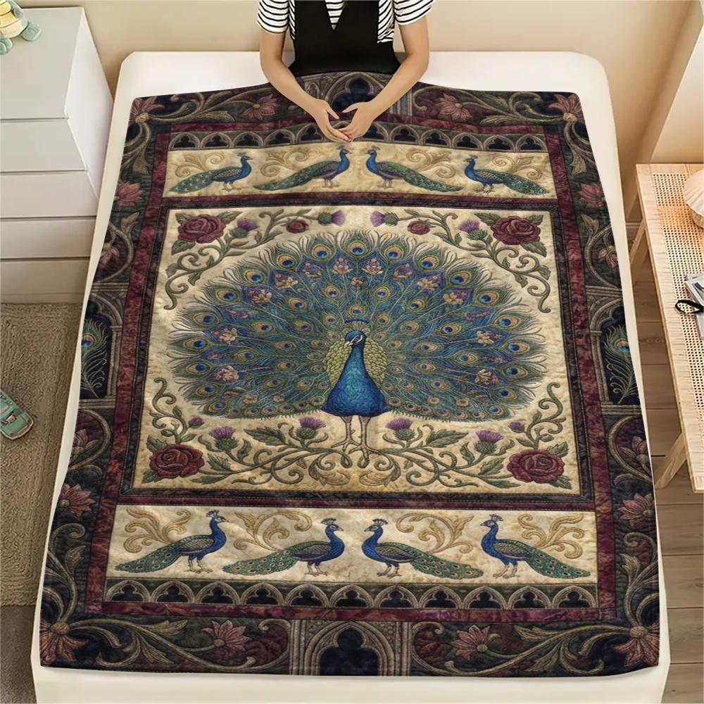 1Pc Peacock Print Flannel Blanket, High quality Comfortable for All Seasons, Home Decor, Warmth and Comfort, Perfect for Christmas Gifts W118