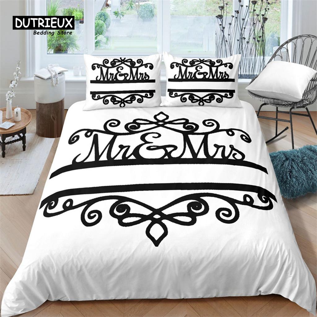Mrs Mr Duvet Cover Romance Comforter Cover Microfiber White Bedding Set For Boys Girls Teens Adults Wedding Valentine Day Decor