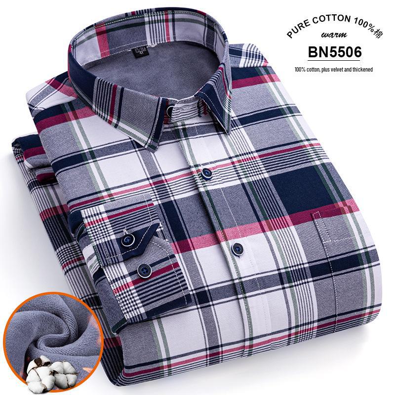 Men's Long Sleeve Cotton Plaid Shirt with Velvet Lining