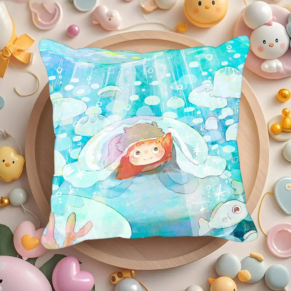 Movie P-Ponyo Anime On the Cute Cliff  Pillowcases Cushion Covers Living Room Sofas Home Decor Gifts