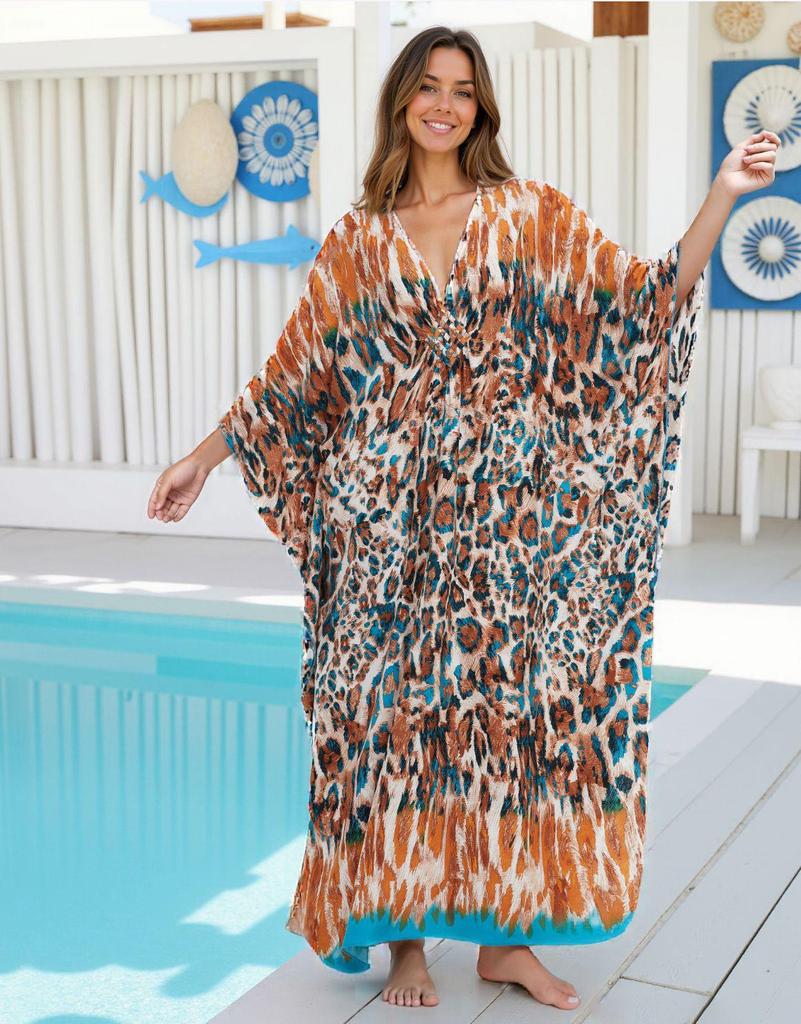 Evropské a americké viskózové potiskové plážové zakrývací šaty - Dlouhé, volné kimono k bikinám a plavkám pro ženy