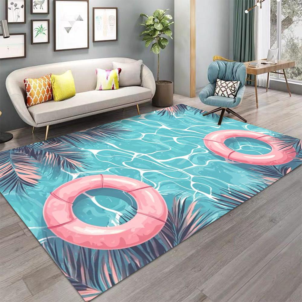 Carpet With Swimming Pool Water Pattern Tropical Palm Leaf Float Ring Flower Designs NonSlip Rug For Living Room Decor