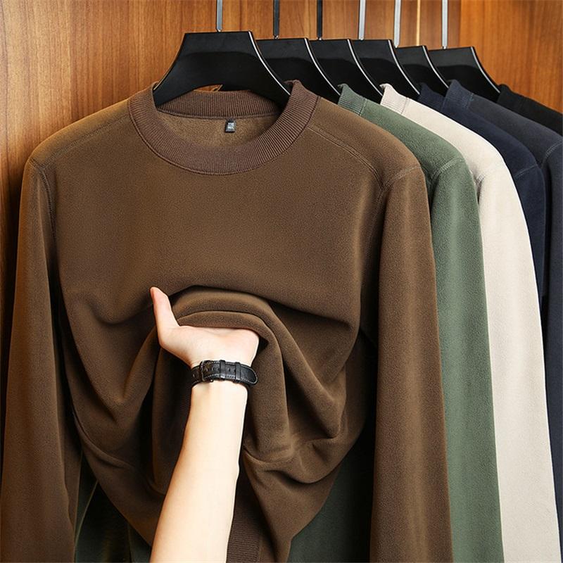 Men's Solid Color Warm Round Neck Thick Long Sleeved Base Shirt