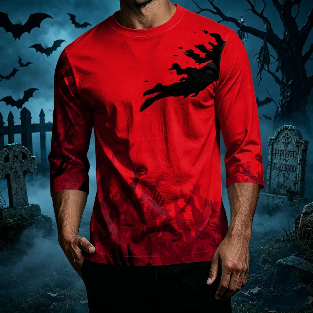 Men's Casual Halloween Graphic Crew Neck T Shirt Three Quarter Sleeve Top Lightweight Comfortable Fit