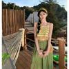 Yunnan Sanya Tourism Bohemian Wind Green Plaid High Waist Wide Leg Pants Seaside Vacation Tassel Suspender Set