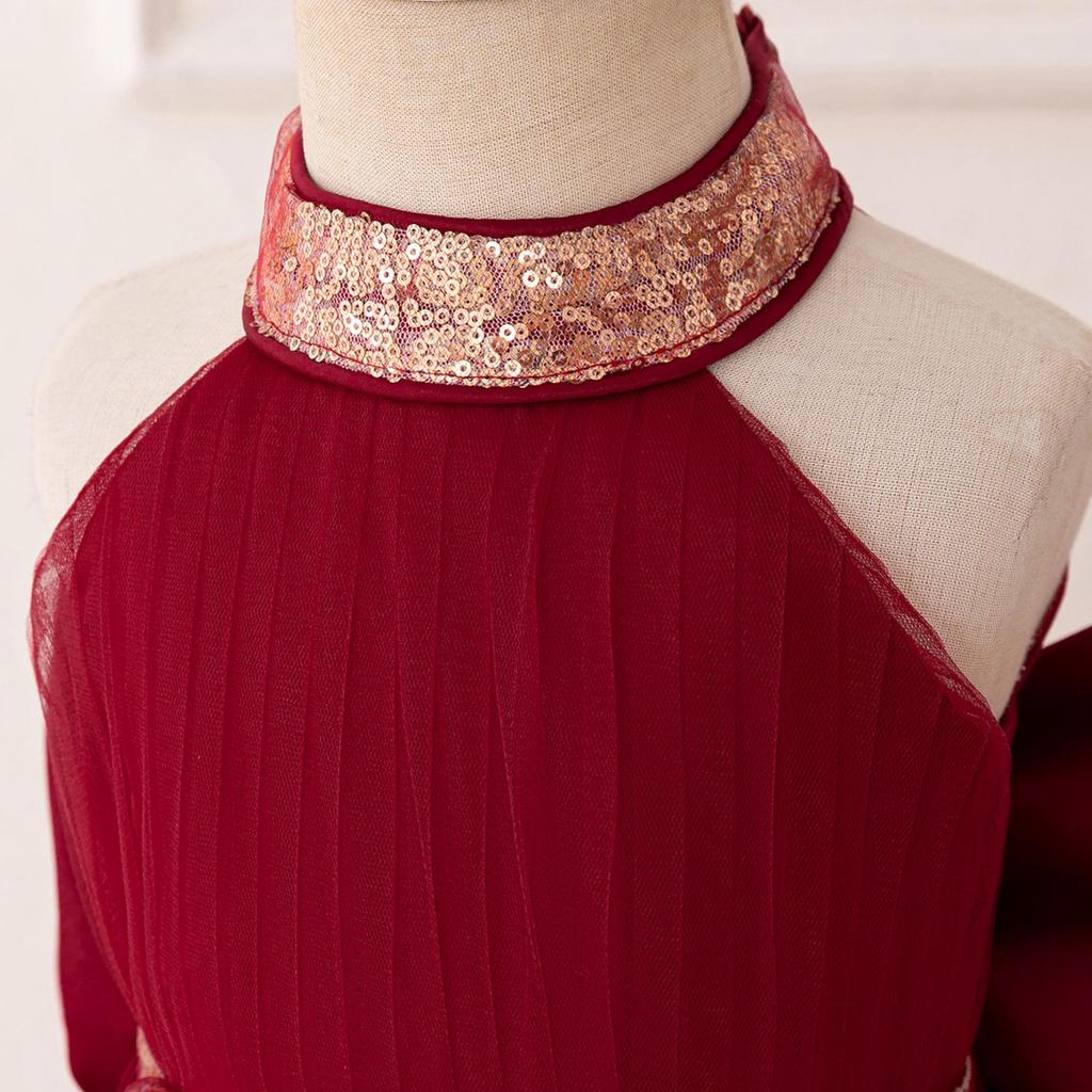 Dětské festivalové večerní šaty s síťovaným topem a nabíranou vícevrstvou sukní