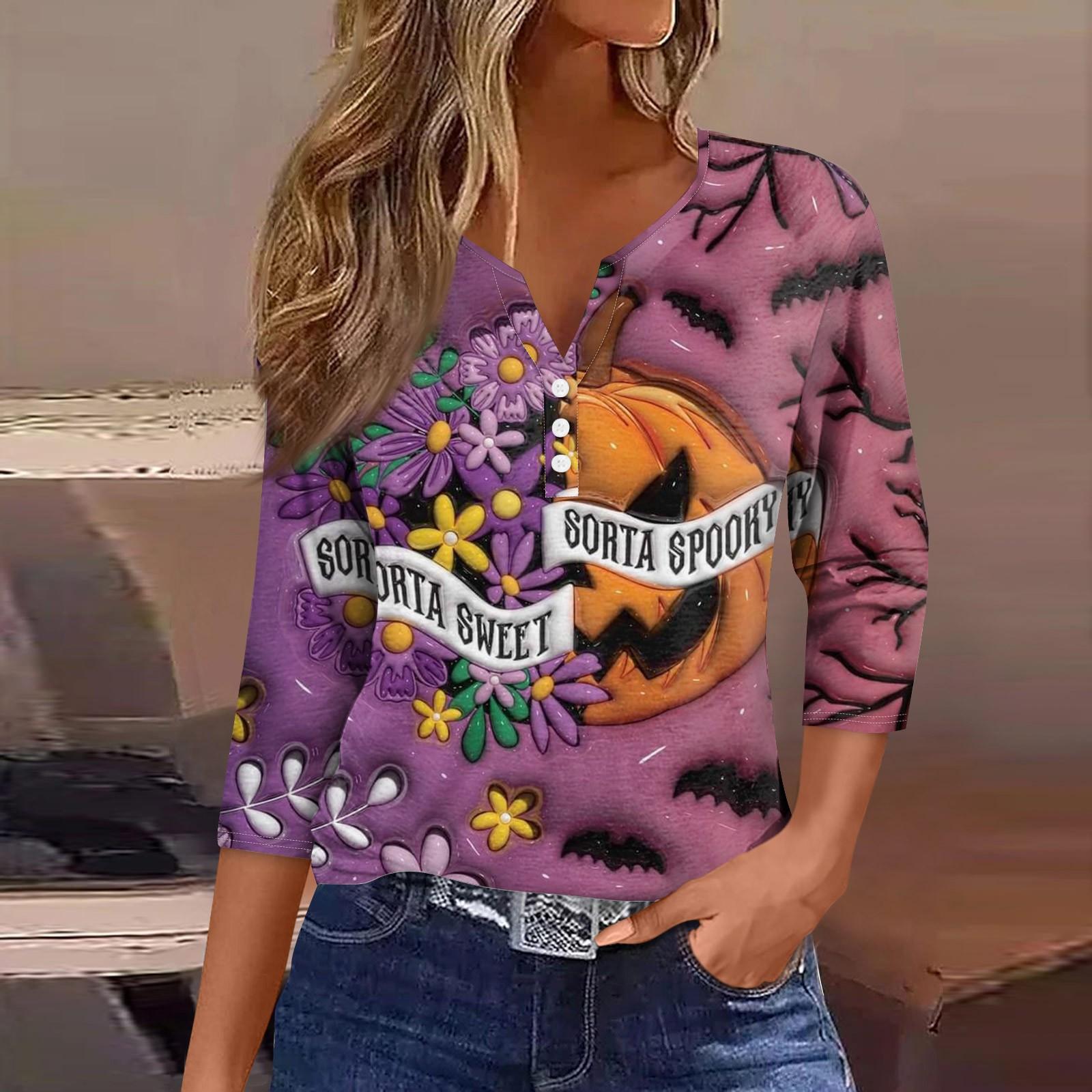 

Женская футболка с V-образным вырезом на пуговицах, с рукавом три четверти, на Хэллоуин L