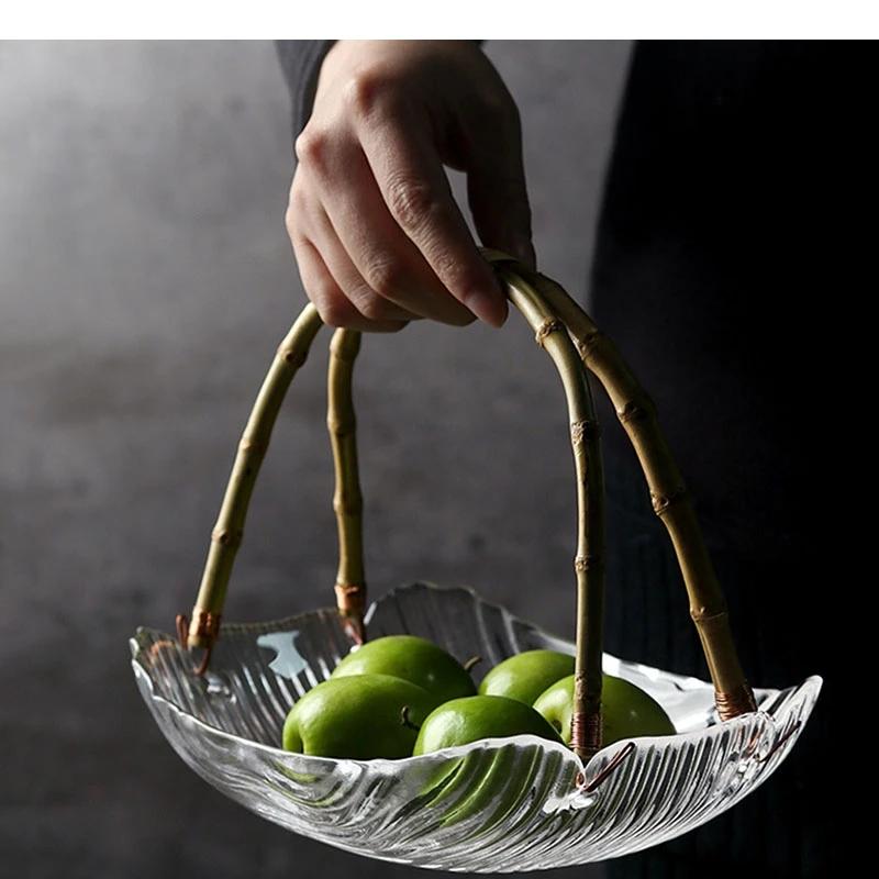 Glass Fruit Tray Household Snack Candy Dessert Plate Afternoon Tea Dim Sum Rattan Woven Portable Trays Housewear
