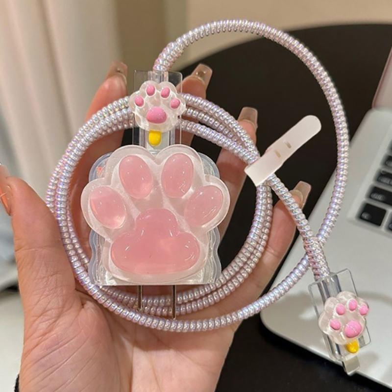 Cartoon Cute Cat Claw Transparent Silicone Charger Case For Iphone 15 18W-20W Fast Charge Protection Cover Charger Sleeve