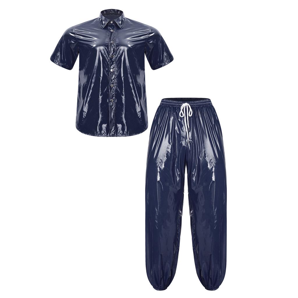 S-3XL Men Waterproof Tracksuit Short Sleeve Front Button Lapel T-Shirt with Elastic Waistband Jogging Pants for Sauna Sweat Rainwear