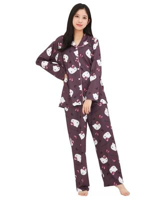 Hello Kitty Hemd Pyjama Puder Stretch Langarm Lange Hose Ober- und Unterteil Set Loungewear [SAZAC] Damen (Anthrazitgrau/M/SAN1906)