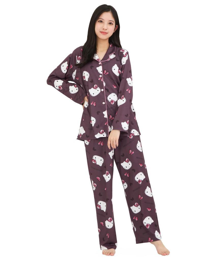 Hello Kitty Shirt Pajamas Powder Stretch Long Sleeve Long Pants Top and Bottom Set Loungewear [SAZAC] Women's (Charcoal Gray/M/SAN1906)