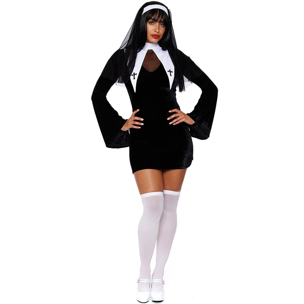 Halloweenský kostým jeptišky Kostým jeptišky cosplay kostým jeptišky s dlouhým rukávem uniforma pro jevištní vystoupení