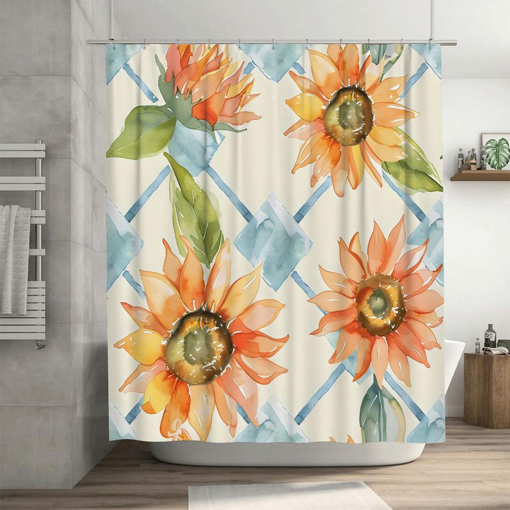Vibrant Sunflower Shower Curtain Waterproof Home Decor for Bathroom Peach Orange Blue Geometric Design Modern Artistic Print Fab
