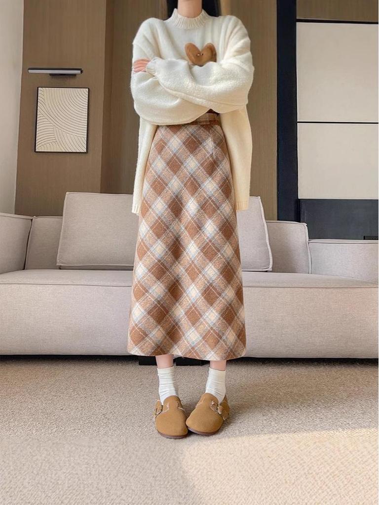 Autumn-Winter High Waist Wool Plaid A-Line Midi Skirt