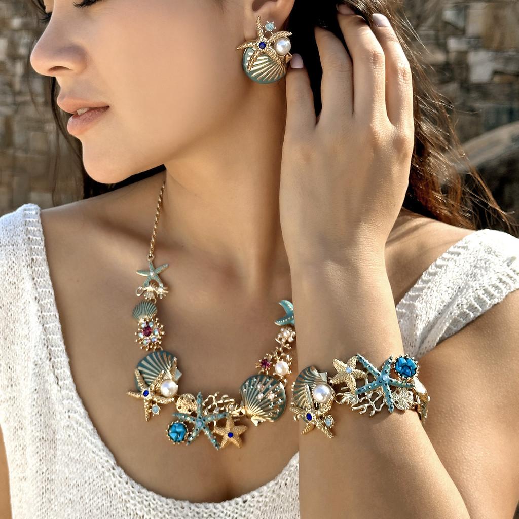 Ocean Starfish Necklace And Bracelet Set With Zinc Alloy Charm For Summer Fashion Women