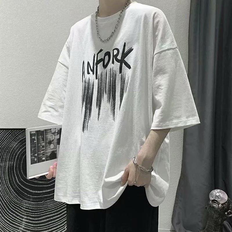 IELGY T-shirt Stile Hong Kong da Uomo a Manica Corta Estiva Larga Casual Stile Coreano di Tendenza Selvaggia Hip-hop Top Abbigliamento a Manica a Cinque Punti