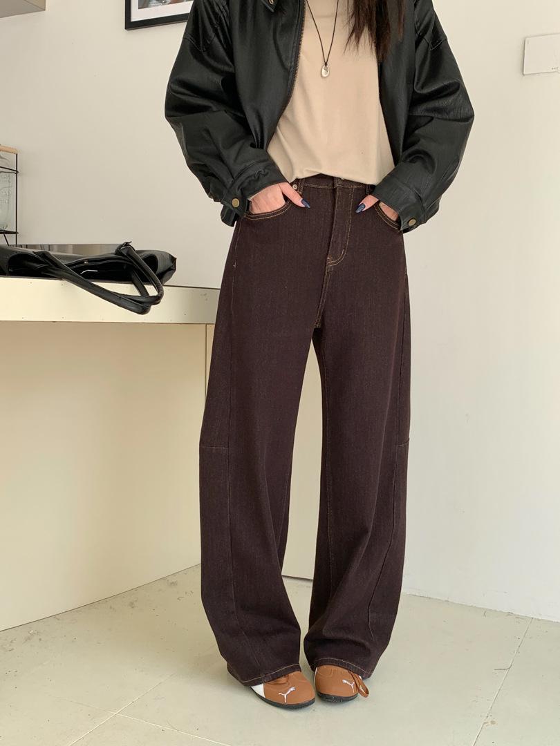 GAGD Dual Slimming Curved Velvet Jeans, Coffee Color, Loose Wide-Leg Pants for Women L