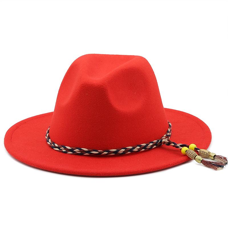 European and American women's new colorful rope jazz hat, big brim fashion flat hat, autumn and winter British style men's woolen top hat tide
