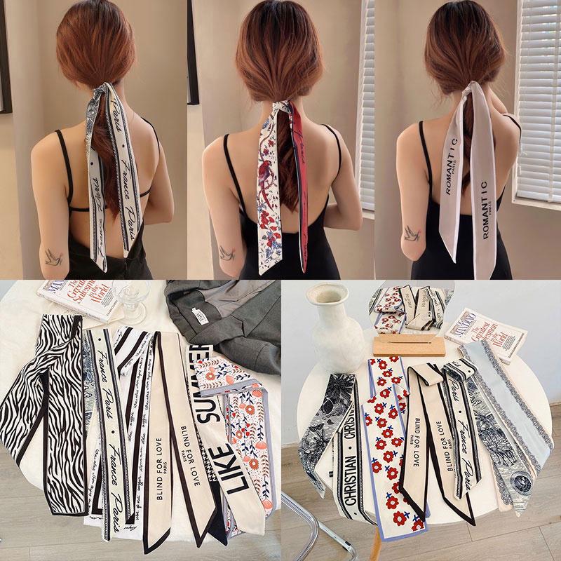 Foulard di Seta Fascia per Capelli Nastro Lungo Fiocco Stampa Coreana Lettera Foulard per Capelli Donna Porta Coda di Cavallo Accessori per Capelli