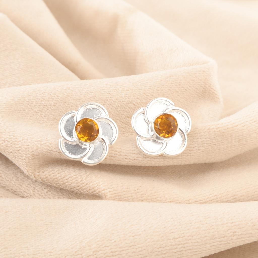Round Natural Citrine Sterling Silver Handmade Stud Trendy Boho Earrings Jewelry EE-157-6