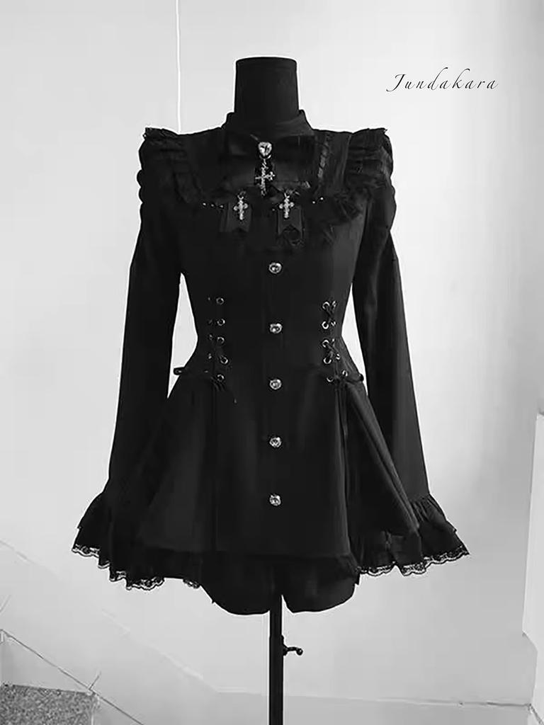 Jundakara Long Sleeve Dress with Cute and Perfect for a Sickly French or Idol Perfect for and Size M Women's Shorts, Lace, Cross, Ribbon, Ruffles,