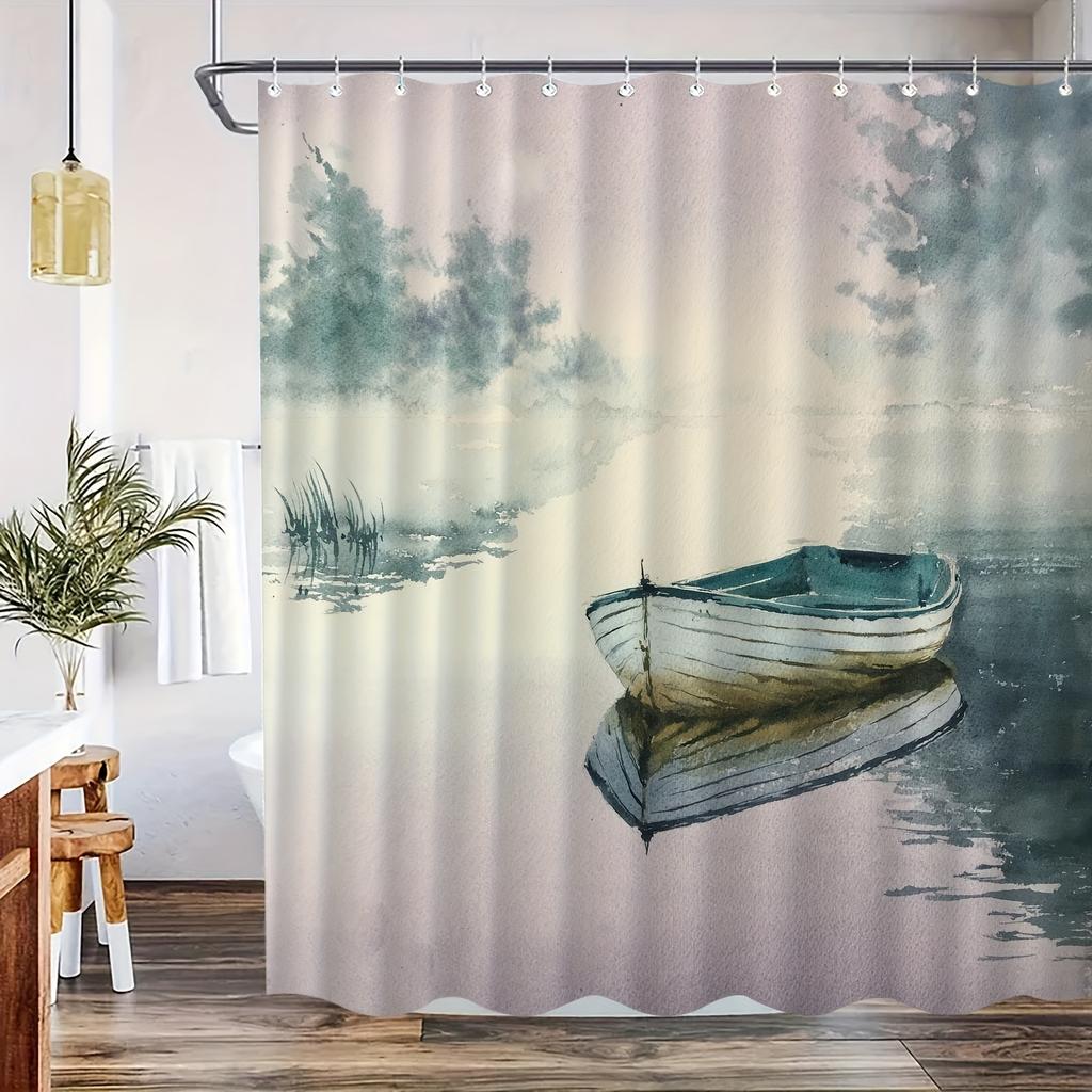 Jiangnan Water Town Shower Curtain, Chinese Style Oil Painting Boat Design, Water-Resistant Polyester,  All-Season Decor