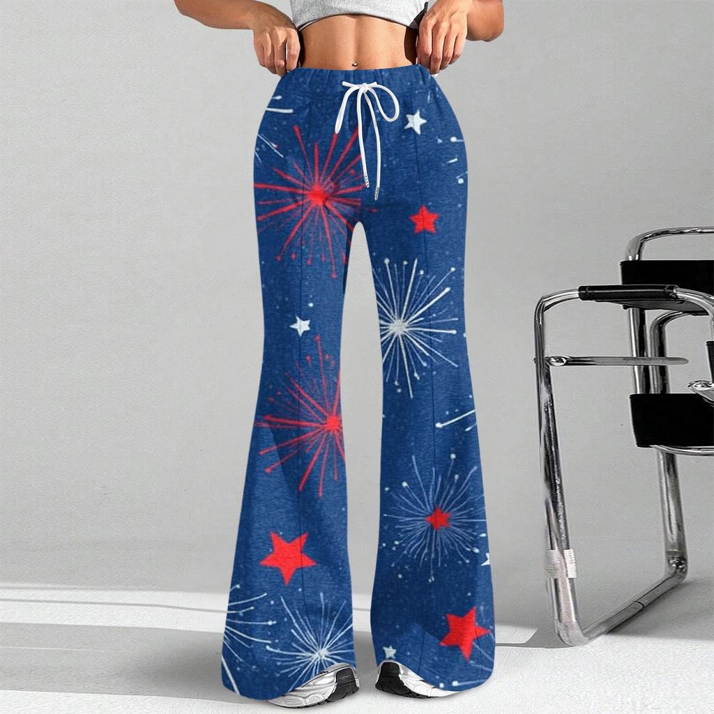 Women's Fashion Loose Drawstring Tight Waist Independence Day Printed Casual Sports Pants Casual Flared Pants