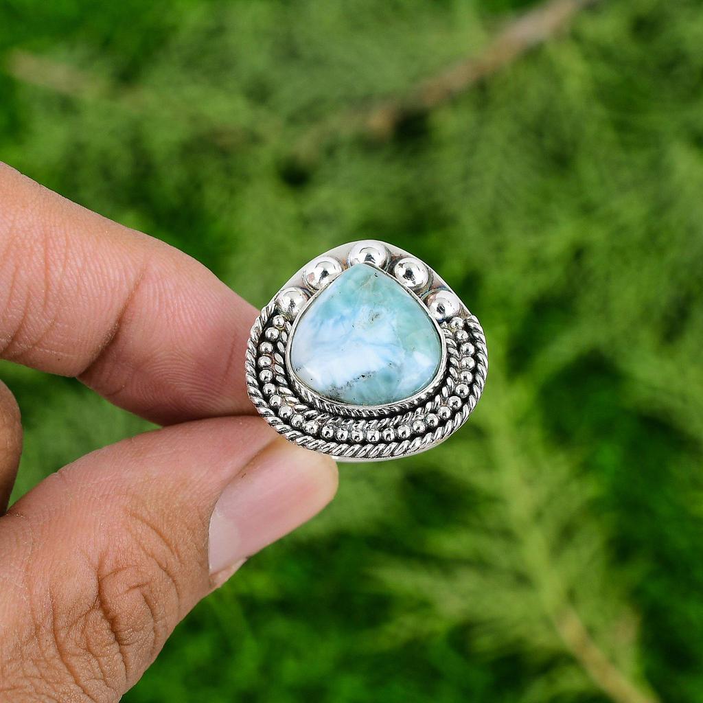 Pear Larimar Stone Bezel Anniversary Stackable Promise Ring 925 Sterling Silver