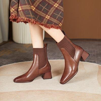 Franse Retro Hoge Hak Leren Enkellaarsjes voor Dames - Herfst/Winter 2025 Collectie