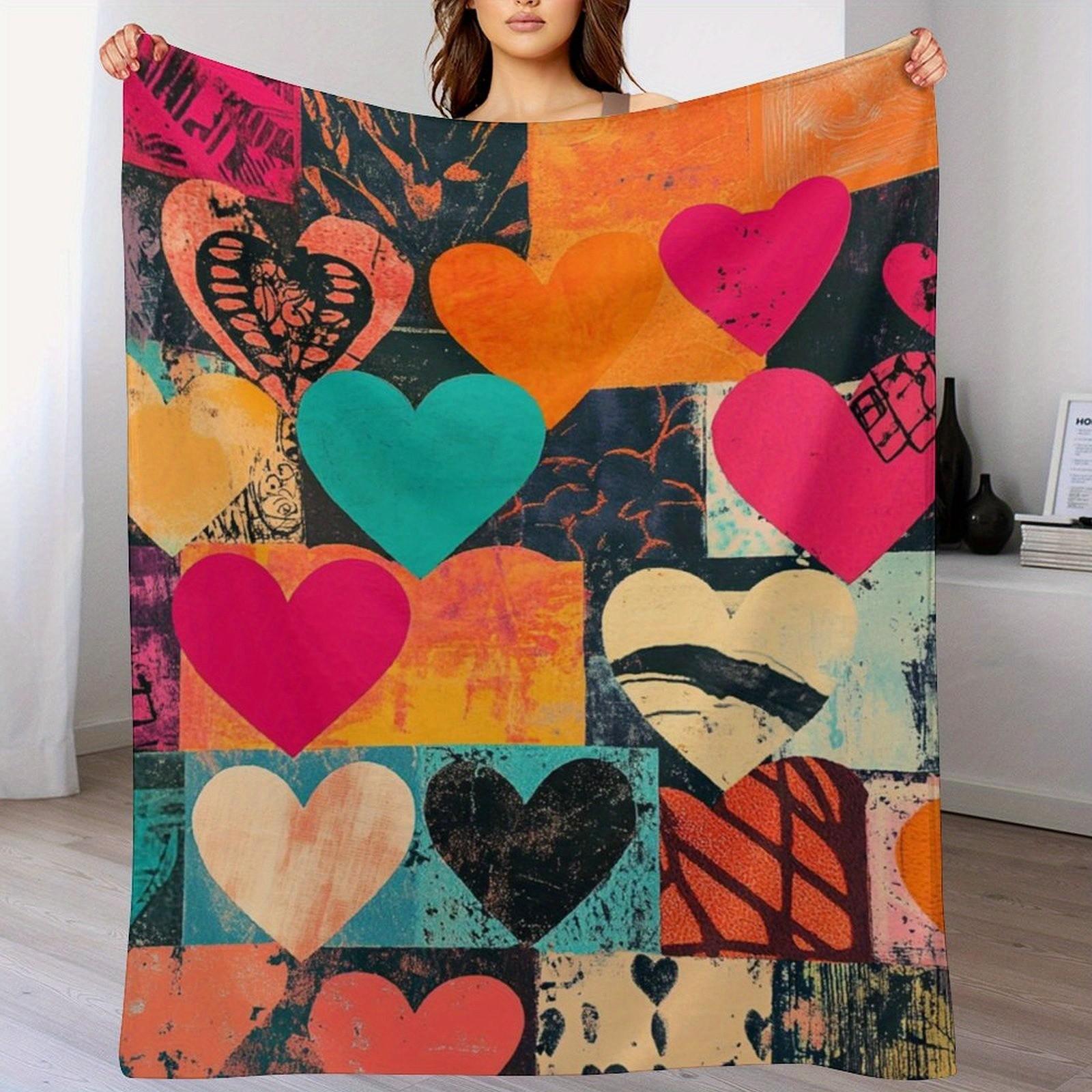 

Retro multicolored heartshaped pattern Flannel printed blanket suitable for all seasons for living room office sofa and travel 75x100cm (30x40inch)
