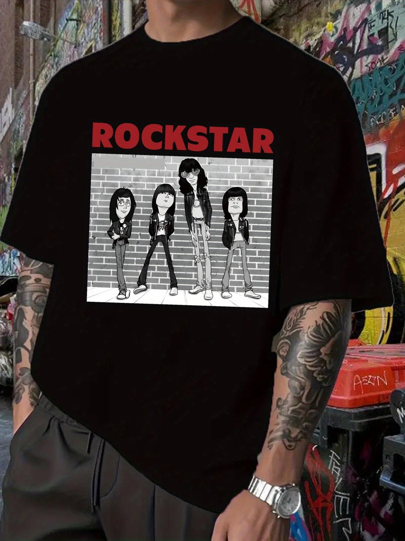 Rockstar Graphic T-shirt - Black Hip-Hop Band Design with Cartoon Band Members L