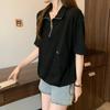 T-shirt da donna a maniche corte con colletto mezzo zip e tasca, top casual ampio