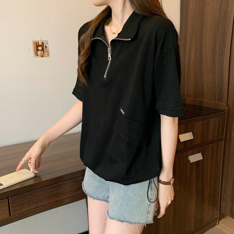 T-shirt da donna a maniche corte con colletto mezzo zip e tasca, top casual ampio