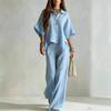 Women's Summer Two Piece Set Solid Color Short Sleeve Button Down Collar Shirt and Casual Wide Leg Pants Lightweight Fabric