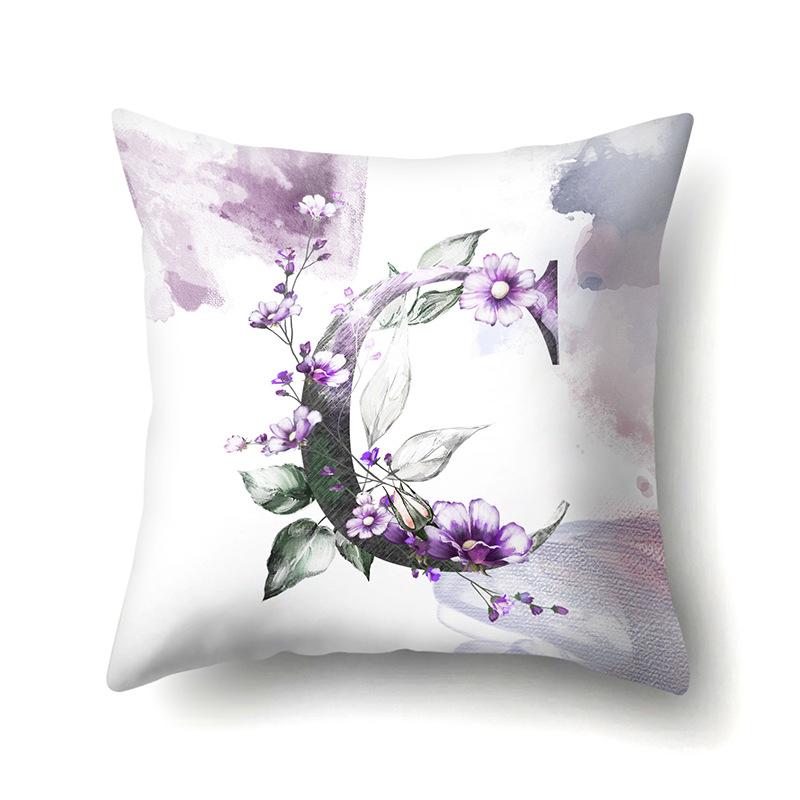 Polyester Pillowcase Home Watercolor Flower Print Pillowcase 26 English Letters Bedside Cushion Cover