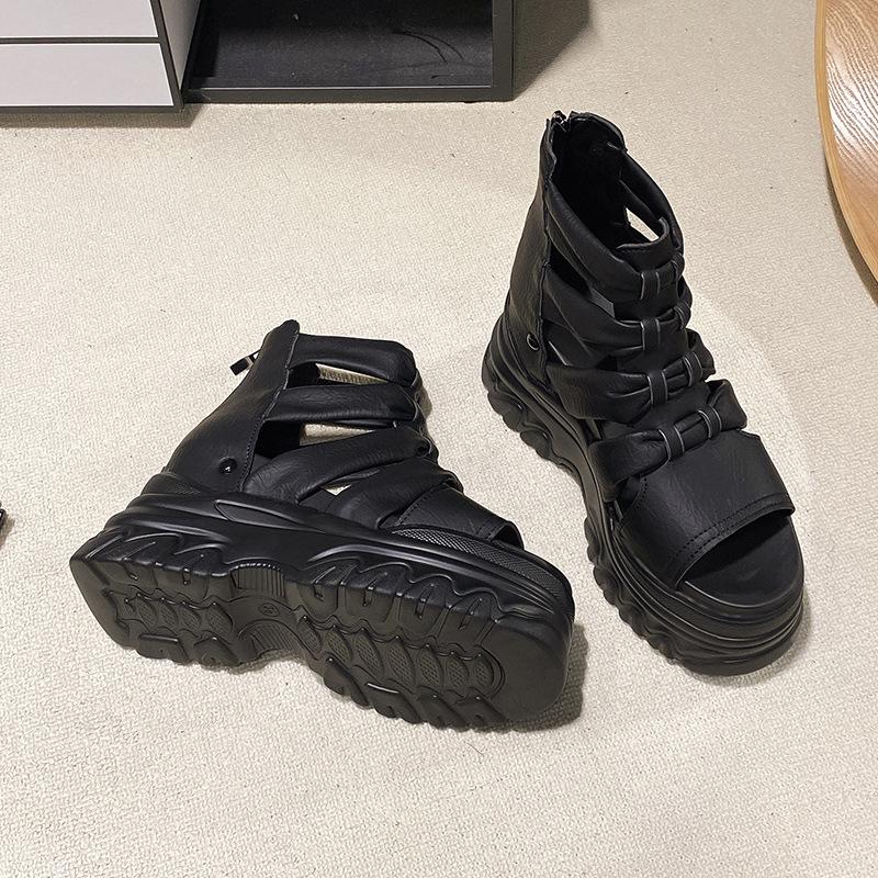 

2025 summer height increase Roman sandals women s wear fashion versatile casual muffin thick-soled high-heeled fish mouth women s shoes 34 чорний