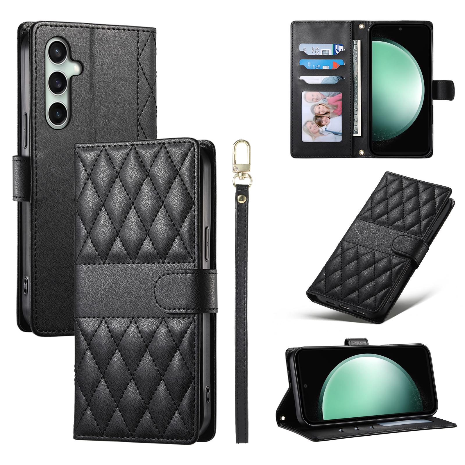 

For Samsung Galaxy S25 FE Case Rhombus Stitching Wallet Stand Leather Phone Cover with Long/Short Strap