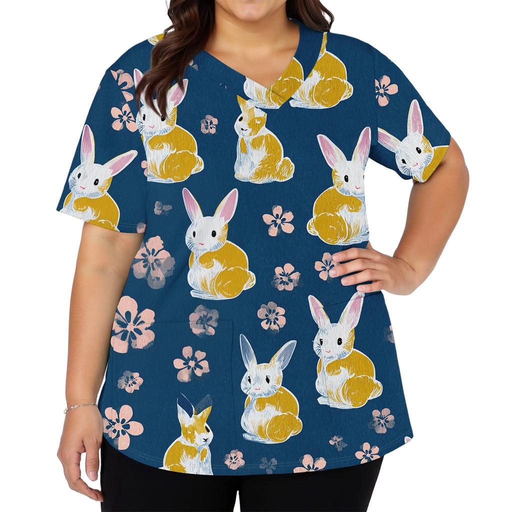 Women's Fashionable V-neck Short-sleeved Work Top With Double Side Slits And Pockets, Featuring Easter Bunny And Egg Prints.