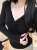 Women's Slim-Fit Sexy V-Neck Long-Sleeve Twist Top - Flattering Waist-Cinched Autumn/Winter Base Layer