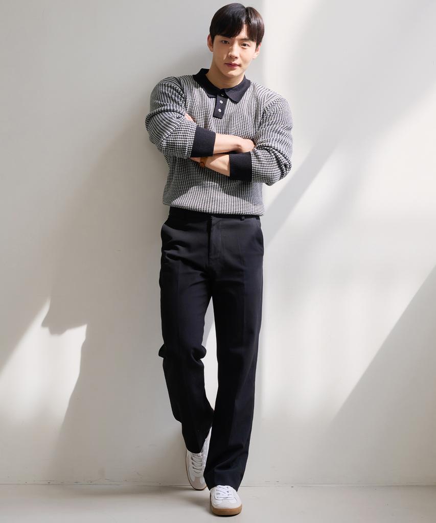 HECKCOOLNAM Muscle-Fit Wool Gingham Check Collared Knit Long Sleeve That Makes Shoulders Look Wide