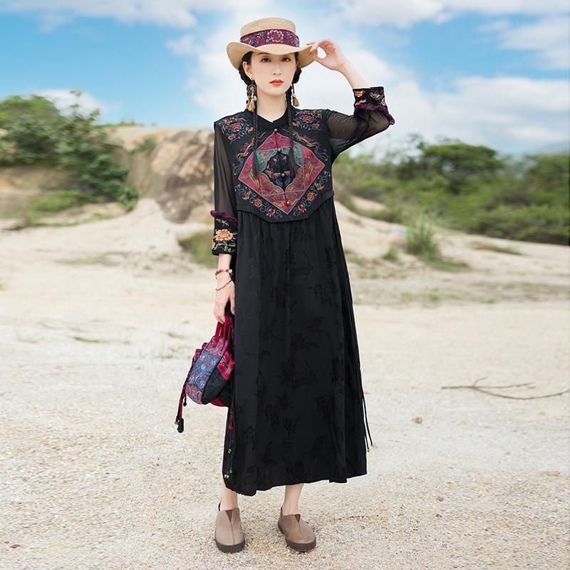 2025 Women's Ethnic Satin Jacquard Embroidered Vest Dress with Stand Collar