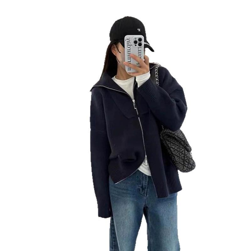 Womens Oversized Knit Cardigan Double Zip Lapel Thick Warm Sweater Coat Fall Winter